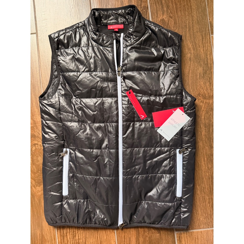 Redvanly Mens Black Quilted Puffer Vest Athletic Luxury Full Zip Golf Size M NEW